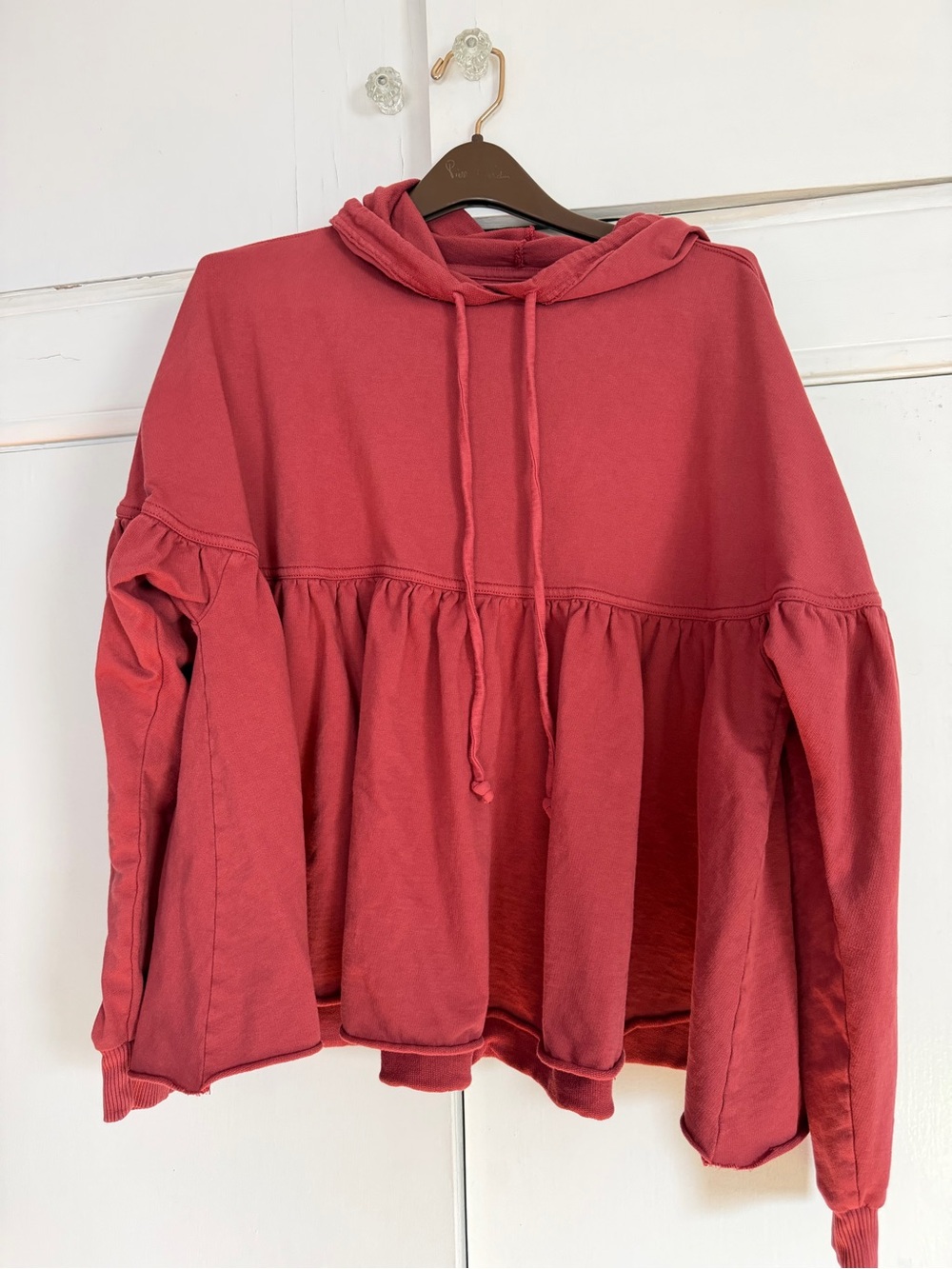 aerie Coral Red Ruffle-Hem Pullover Hoodie